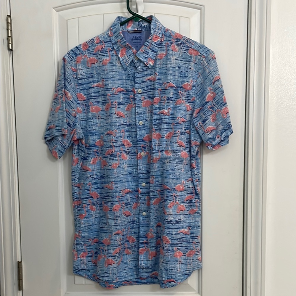 Izod Blue and Pink Flamingo Print Casual Shirt replaced classic medium